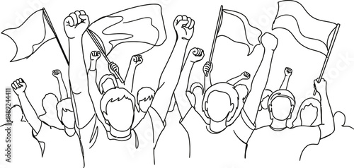Line drawing of a crowd of people waving flags and raising fists in protest or celebration together