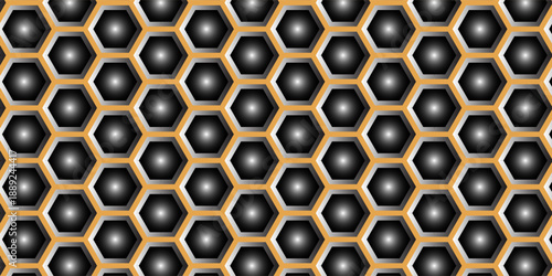 A modern, futuristic, seamless hexagon pattern. The layout is very tight and symmetrical. The hexagon outline is metallic silver with gold shading.