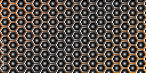 Gradient seamless futuristic hexagon honeycomb pattern. extremely tight and symmetrical layout. metallic silver hexagon outlines with dark shading. vector