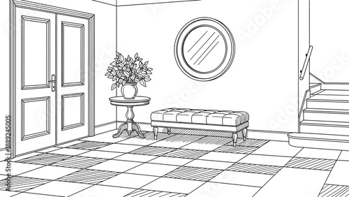 Line drawing of a hallway with checkered flooring, a round mirror, a cushioned bench, a small table with a vase of flowers, and stairs ascending to the right.