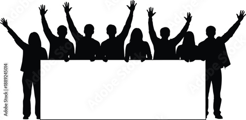 Silhouette of a diverse group of people waving behind a blank white sign  isolated on transparent background .