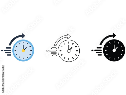 Clock with motion lines and arrow, indicating speed or urgency, in three styles