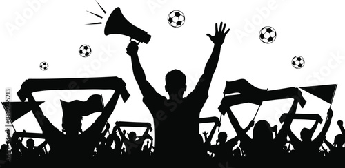 Silhouette of a soccer crowd with fans cheering and holding flags and a megaphone  excited fans in a stadium
