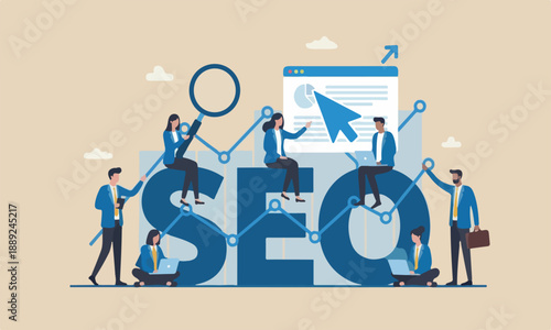 SEO, Search meeting teams red rocket to show in search result page concept, professional people holding magnifying glass, mouse pointer or using laptop sit on analytics graph on the word SEO