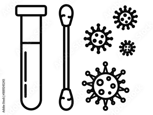Medical test kit with virus illustration, symbolizing COVID-19 testing, healthcare, and diagnostics in a simple line art style.