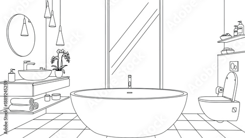 Line art of a modern bathroom featuring a round bathtub centered, sleek sink with a mirror and pendant lights on the left, and a toilet on the right.