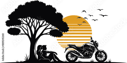 Silhouette of couple sitting under tree with motorcycle at sunset with birds flying