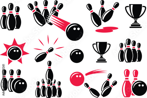 Stylized bowling icons featuring pins, balls, trophies, and dynamic motion effects in black, red, and white for sports-themed design projects.