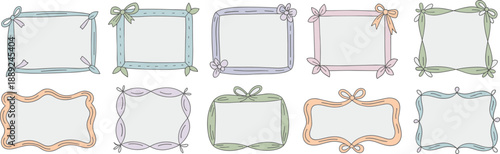 Pastel decorative frames with bows, ribbons, and floral accents in curvy and rectangular styles for scrapbooking, invitations, and creative design.