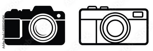 Camera icons set with digital photography equipment silhouette and outline style vector illustration