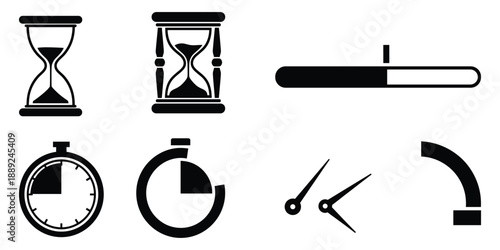 Time management icons including hourglass stopwatch progress bar and clock hands vector illustration