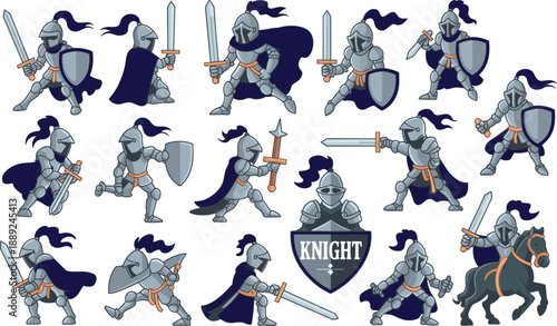 Cartoon knights in blue capes with swords and shields in dynamic medieval poses, including horse riding and emblem design for fantasy themes.
