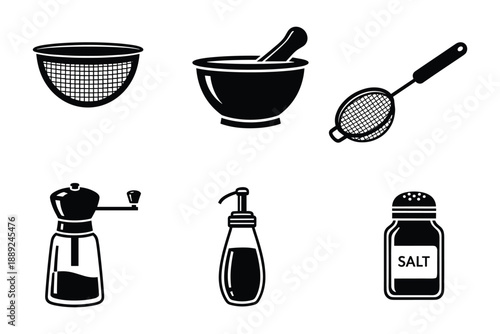 Kitchen utensils vector illustration: colander, mortar, pestle, skimmer, spice grinder, salt shaker