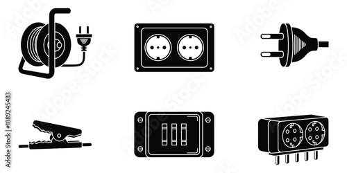 Electric power supply vector illustration: cable reel, outlets, plug, crocodile clip, fuse box
