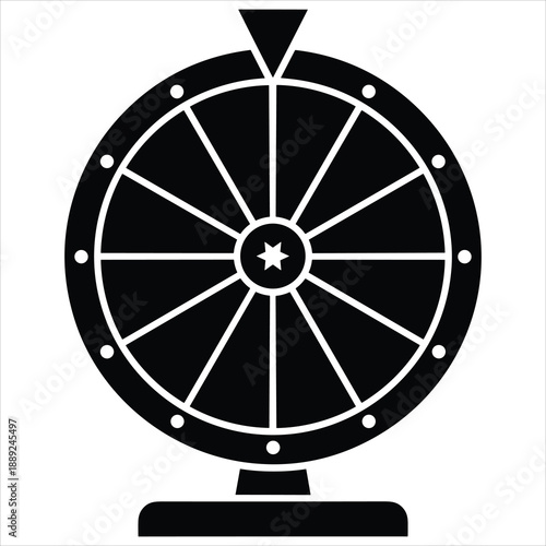 Spinning wheel of fortune icon, symbolizing games, luck, chance, and prizes in a bold black graphic.