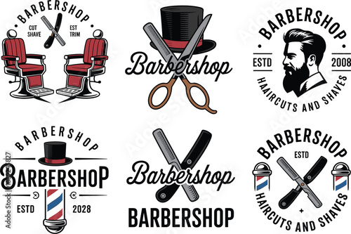 Vintage barbershop logo collection with barber chairs, scissors, razors, combs, pole and bearded man emblems for grooming salon branding and haircut design