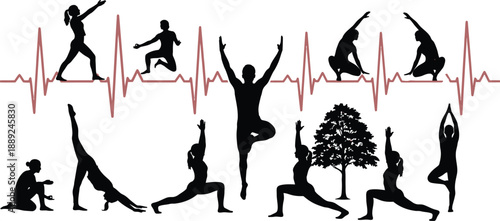 Yoga poses and running silhouettes with tree and ecg line 