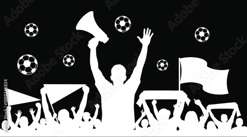 White silhouette of a man with a megaphone surrounded by soccer balls and cheering crowd  sports fans celebrating