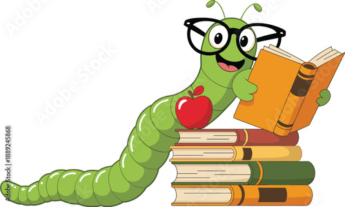 Cute cartoon bookworm character reading book with glasses and apple, education mascot illustration for learning, school, library, kids education, and reading concept design