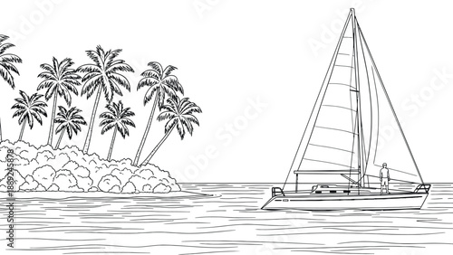 A sailboat with a person on deck glides over calm water near an island. Palm trees lean in the breeze, creating a serene and tropical scene.