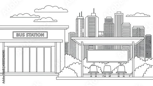 Line art of a city bus station with benches, surrounded by bushes. Tall skyscrapers and fluffy clouds fill the background, conveying an urban setting.