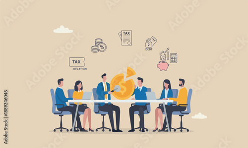 Money management meeting teams planning wealth management or investment portfolio, paying for tax, loan or debt, inflation concept, businessman using pizza cutter to split golden dollar money coin