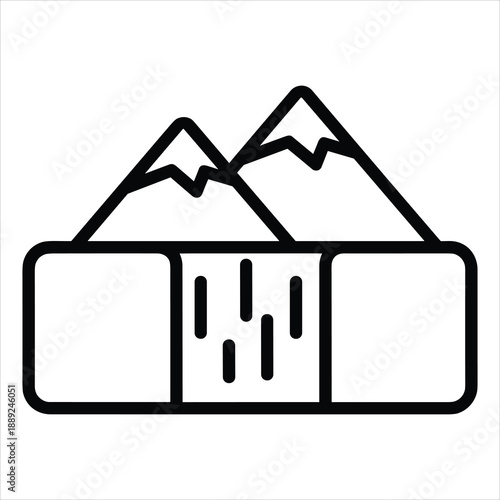Outline icon of a duffel bag with mountains in the background, symbolizing travel, adventure, and outdoor activities.