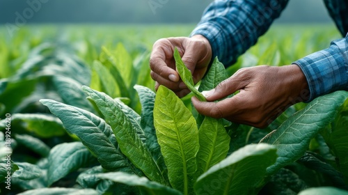 Hands Examining Fresh Green Tobacco Leaves in Lush Agricultural Field Under Natural Light