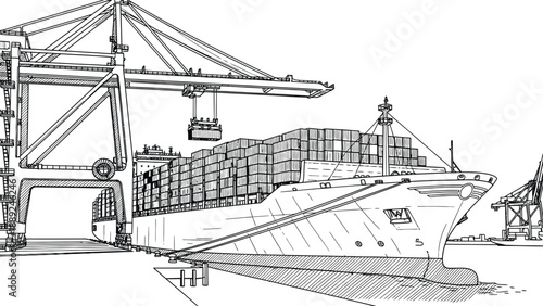 Illustration of a large cargo ship docked at a port, piled high with containers. A crane unloads goods, highlighting global trade and industry. Minimalist line art.