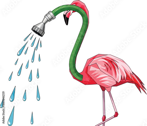Pink flamingo with a garden hose neck spraying water drops from a shower head nozzle isolated on transparent background