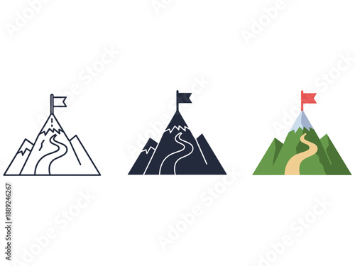 Set of three mountain peak icons with flags and paths, in outline, silhouette, and color, for achievement and journey themes.
