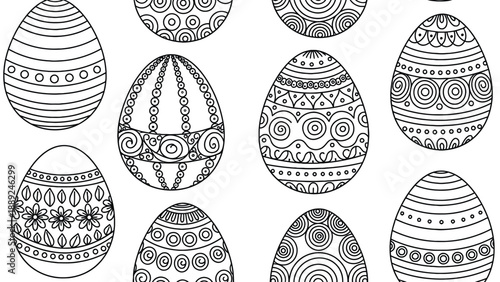 Black and white illustration of nine intricately patterned Easter eggs. The designs include swirls, circles, and floral motifs, conveying a festive and artistic mood.