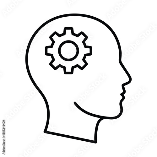 Profile of a human head with a gear inside, representing thought, intellect, ideas, and mechanical thinking.