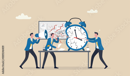 Time pressure or running of time, stress or anxiety finish aggressive meeting management marketing businessman to up squeezed timer to analysis clock.