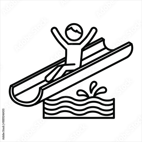 Joyful person with arms raised slides down a water slide into wavy water, simple black and white line art vector illustration.