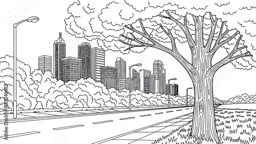 Black-and-white drawing of a cityscape with skyscrapers in the background, a row of streetlights, and a large tree framing the scene in the foreground.