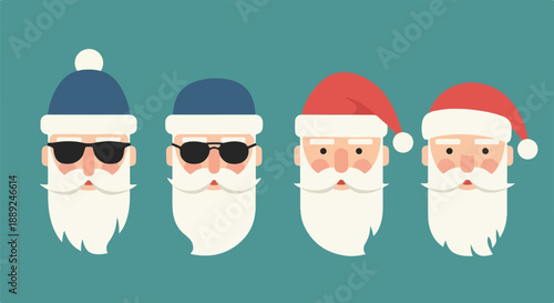 A minimalist flat vector of four stylized Santa faces in a row, with beards, sunglasses, and colorful winter hats. Clean shapes, muted colors, playful and modern design on a teal background