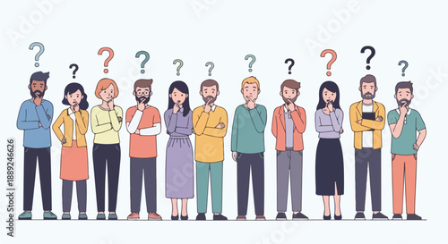 A flat vector illustration of diverse people standing together with question marks above their heads. Minimalist style, soft pastel colors, clean shapes, and a friendly, modern look.