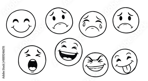 A set of hand-drawn doodle smiley faces with different expressions on a white background. Simple black lines, sketchy style, minimal detail, and a fun, expressive look