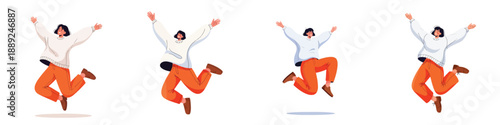 A set flat vector of a happy woman jumping with open arms. Bright colors, clean minimal style, smooth curves, and a playful, dynamic look on a white background.