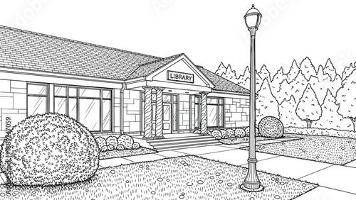 Illustration of a quaint library building with a gabled roof, surrounded by neatly trimmed bushes and trees, evoking a serene and welcoming atmosphere.