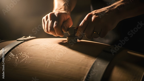 Artisan hands closing an oak wine barrel in a dark cellar for traditional winemaking concept and quality aging process
