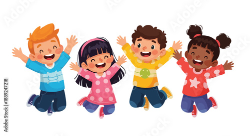 A colorful cartoon illustration of happy children jumping with cheerful expressions. Bright clothes, cute rounded shapes, vibrant colors, and a fun, energetic style on a white background.