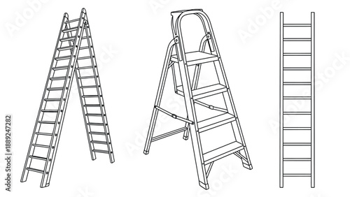 Line art of three ladders: left shows an A-frame ladder, middle has a stepladder with a platform, and right displays a simple straight ladder.
