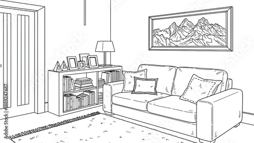 Tidy living room sketch featuring a sofa with cushions, a bookshelf with framed photos and books, a mountain landscape painting, and a rug on the floor.
