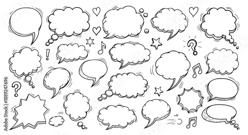 A hand-drawn set of doodle speech and thought bubbles in a sketchy black line style. Playful, minimal, and creative design on a white background