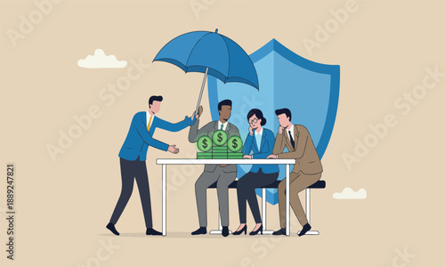 Income protection protect investment profit, wealth preservation or insurance, risk management concept, businessman hand offer umbrella to protect dollar sign money.