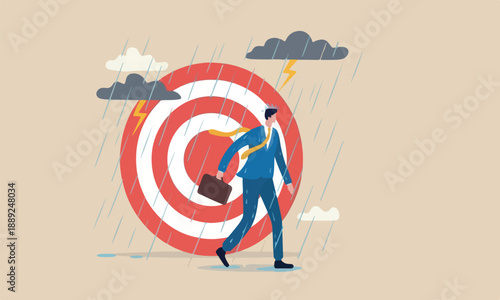 Having bad day, target , discourage or depression, failure feeling bad or difficulty, having problem and trouble concept, depressed wet businessman walking in raining thunderstorm.