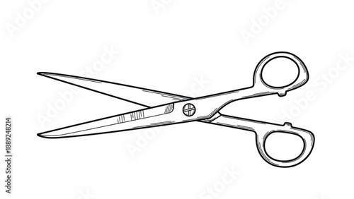 Black and white line drawing of open scissors with pointed blades and circular finger holes, set against a plain white background.