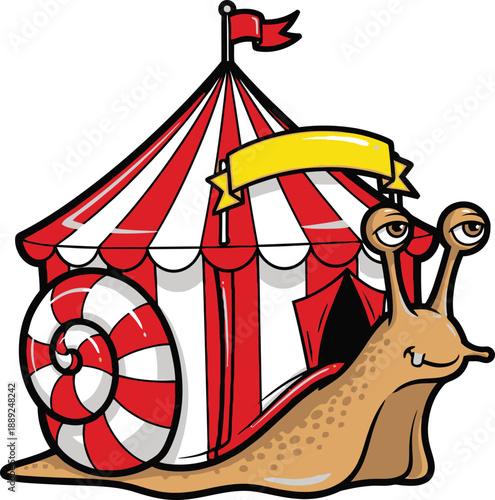 Snail circus tent cartoon, circus building with spiral shell, fun carnival entertainment, fantasy animal character with banner